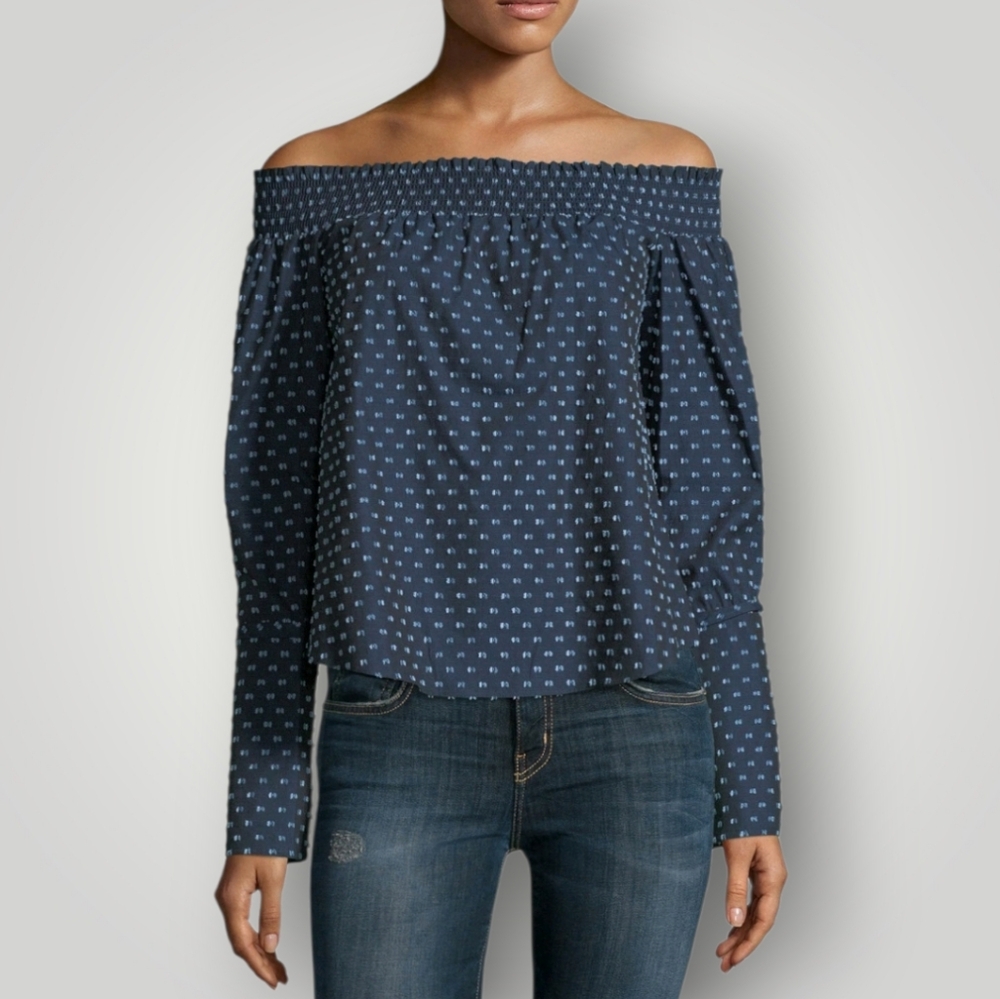 Derek Lam 10 Crosby Navy Ikat Print Smocked Off Shoulder Blouse 10 Cotton‎